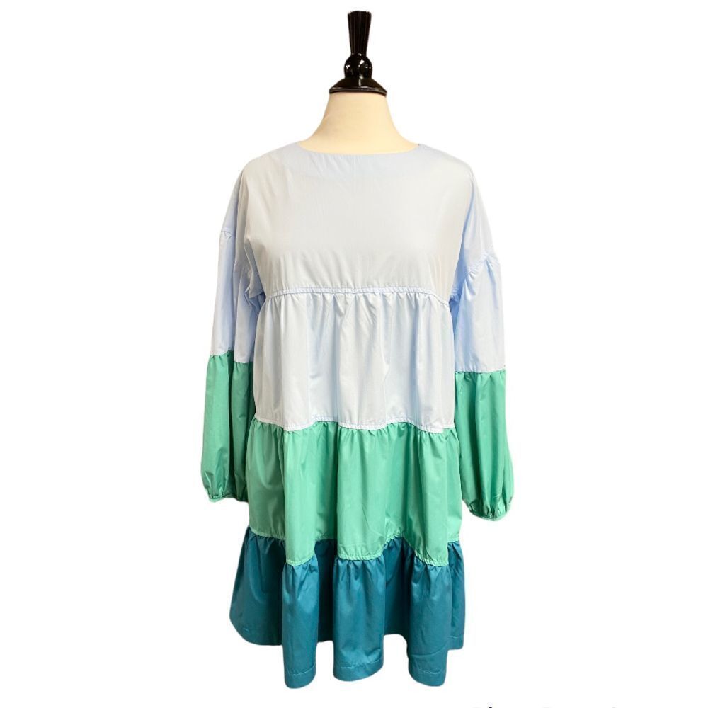 Aaron & Amber Blue & Green  Long Sleeve Babydoll Dress Size Medium NWT